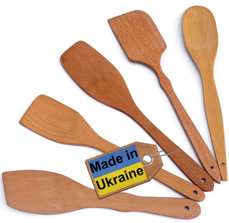 ECOSALL Nonstick Wooden Spoons For Cooking â€“ 5 European Premium Spoons Set - 100% Healthy and Natural Wooden Spatula â€“ Long Handled, Strong, Durable, Solid Wood Cooking Utensils for Everyday Cooking - Image 1